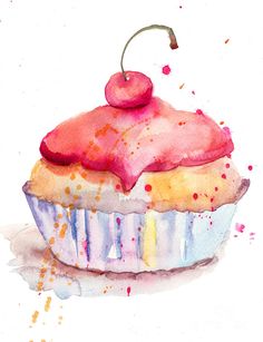 a watercolor painting of a cupcake with a cherry on top