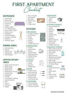 the first apartment checklist is shown in green and white