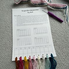 a crochet project with yarn and scissors on the floor next to it is a piece of paper that says temporary knits act