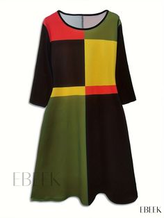 Ebeek - Premium Plus Size Womens Casual Dress: Colorblock Half Sleeve Round Neck Midi Dress Multicolor Color Block Dresses For Workwear, Half Sleeves, Fit And Flare, Round Neck, Color Blocking, Knitted Fabric, Geometric Pattern, Collar Styles, Midi Dress