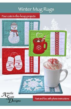 Winter Mug Rugs Snowman Hot Cocoa, Rugs Pattern, Christmas Mug Rugs, Snowflake Snowman, Winter Mug, Mug Rug Patterns, Hoop Projects, Christmas Towels, Mug Rug