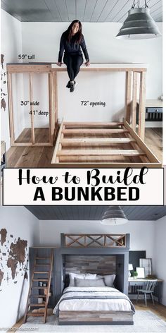 a woman sitting on top of a bed in a room with bunk beds and ladders