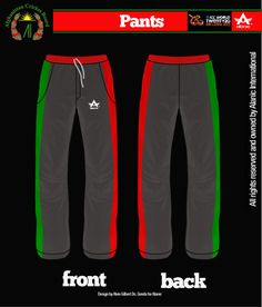 an image of pants with the words front and back in red, green and black