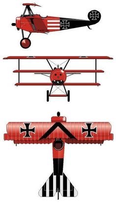 three different types of airplanes are shown in red and black, one is an airplane with propellers