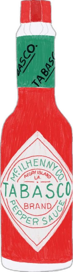 a drawing of a bottle of tabasco on a white background with green and red labels