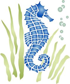 a blue seahorse sitting on top of some green plants and algaes in the ocean