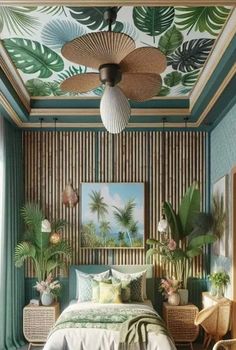 a bedroom with green walls and palm leaves on the ceiling