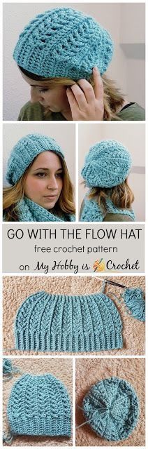 a woman wearing a blue knitted hat and mitt with text that reads, go with the flow hat free crochet pattern on my friday as crochet