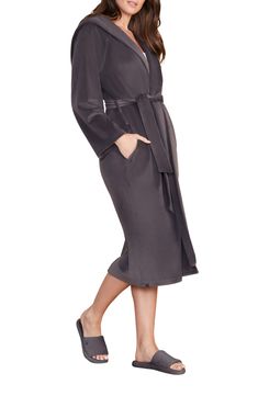 An attached hood lends extra coverage to this luxuriously soft velour robe that turns any evening at home into an indulgent occasion. 50" length (size 2) Fixed hood Removable tie belt 95% polyester, 5% spandex Machine wash, tumble dry Imported Hooded Robe, Tie Belt, Nordstrom Rack, At Home, Size 2, Buy Online, Nordstrom