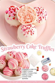 strawberry cake truffles on a pink plate with sprinkles