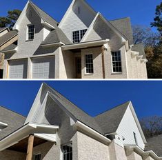 before and after shots of a new home's roof being painted in gray with white trim