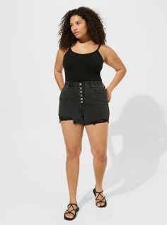 FIT Model is 5'10” wearing size 1. . High rise. . 3. 5” inseam. . MATERIALS + CARE Denim woven fabric. . 99% cotton, 1% spandex. Machine wash cold. Dry low. Imported. DETAILS Zip and button fly. Front and back pockets. The best plus size women's 3. 5 Inch High-Rise Classic Denim Short Jeans in coal mine made of classicdenim. Fitted Washed Black Bottoms With Frayed Hem, Washed Black Cotton Bottoms With Button Closure, Fitted Short Length Jeans With Frayed Hem, Fitted High-rise Jean Shorts With Five Pockets, Fitted Washed Black Cutoff Bottoms, Washed Black Straight Leg Cotton Jean Shorts, Fitted Mid-rise Jean Shorts With Five Pockets, Washed Black Cotton Straight Leg Jean Shorts, Fitted Cotton Jean Shorts With Button Closure