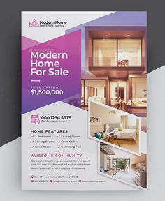 a modern house for sale flyer with an orange and purple design on the front cover