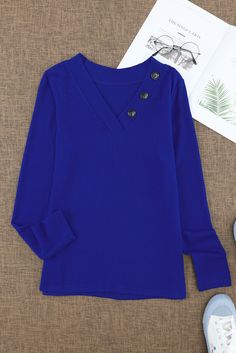 Blue V-neck Button Solid Color Long Sleeve Top Blue V-neck Tops With Buttons, Winter V-neck Top With Buttons, Blue V-neck Top With Buttons, Tops Long Sleeve, Blue V, Top Women, Women Tops, Long Tops, Long Sleeve Top