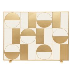 a gold and white abstract art piece with circles on the front, squares in the back