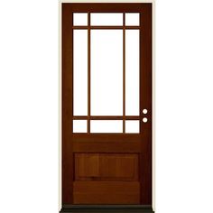 a wooden door with glass panels on the top and bottom panel, against a white background