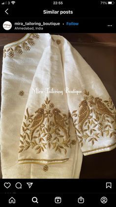 White And Gold Blouse Designs, Off White Silk Blouse Designs Work, White Blouse With Gold Work, White Blouse With Gold Embroidery, White Zardosi Work Blouse, Cream Colour Blouse Work Designs, Cream Color Blouse Work Designs, Khatwork In Blouse, White Blouse Hand Work Design