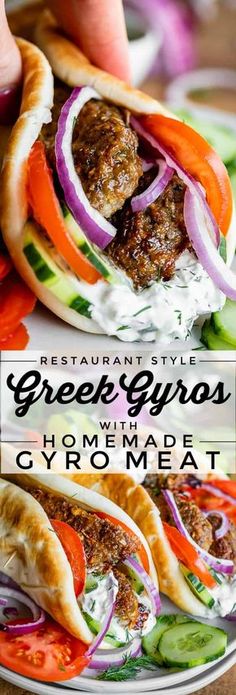 a plate with some food on it and the words greek gyro written in large letters