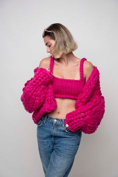 Pink, Fuchsia, Crop Tops, Merino Wool Crop Top , Knitted, Chunky Crop Top , Knitwear, Colorful Crop, Cute Crop Top, Chunky Cardigan  Please contact with us before or after your purchased. Please don't forget to check our other colors and the same color CARDIGAN! Current product fits S size Size easily change with no charge, if you want to change please contact with us. Our products are custom made and it will be given shipped within 15 days. 100% Merino wool, light product. You can choice your color, please feel free to get contact with us. It is 100 % Hand Made. We are using 100% wool. WASHING Dry Clean Only Do not hang, fold and store Pink Stretch Knit Cardigan, Pink Stretch Knit Sweater, Stretch Pink Knit Sweater, Pink Fitted Chunky Knit Sweater, One Size Pink Knit Sweater, Fitted Pink Chunky Knit Sweater, One Size Pink Knitted Cardigan, Pink Hand Knitted Long Sleeve Tops, Hand Knitted Long Sleeve Pink Tops