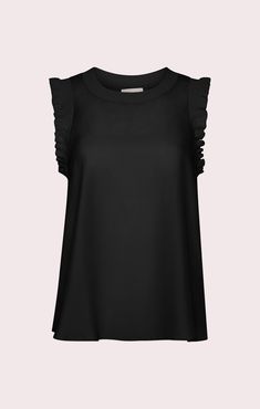 Silk sleeveless top with ruffle detail. Details Pull over styleFabric: SilkCrew neck Ruffle detail Sleeveless Content and Care 100% SilkDry CleanImported Measurements 25in/63.5cm from shoulderMeasurements from size 4 Viscose Sleeveless Blouse Tank Top For Work, Sleeveless Viscose Tank Top For Work, Black Silk Sleeveless Tank Top, Black Sleeveless Viscose Top, Versatile Sleeveless Viscose Blouse, Elegant Solid Color Tank Top For Layering, Elegant Solid Tank Top For Layering, Chic Tank Blouse For Work, Sleeveless Viscose Tops For Night Out