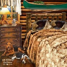 a dog laying on top of a bed next to a wooden dresser