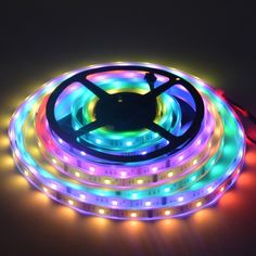 the led strip is lit up with colorful lights