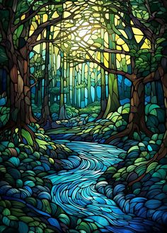 a painting of a stream running through a forest filled with green trees and blue water