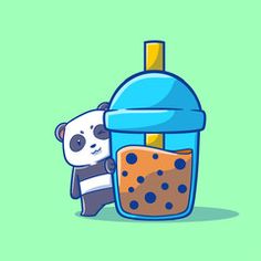 a cartoon panda bear holding onto a blue cup with food in it's mouth