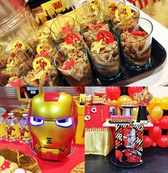 an assortment of desserts and treats are displayed on a table at a birthday party