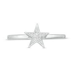 She'll love the simply stellar style of this dreamy diamond accent ring. Crafted in sterling silver, this spirited choice showcases a sculpted star shimmering with diamond accents. Polished to a bright shine, this design is an irresistible eye-catcher. This ring is available in select sizes only. Sterling silver rings cannot be resized after purchase. Star-shaped Diamond Ring With Single Diamond For Anniversary, Celestial Star-shaped Diamond Ring For Anniversary, Celestial Silver Diamond Ring With Accents, Celestial Star-shaped Diamond Anniversary Ring, Star-shaped Rings With Diamond Accents, Silver Star-shaped Diamond Ring Gift, Star-shaped Diamond Ring With Single Cut Diamonds, Celestial Style Silver Diamond Ring With Accents, Sterling Silver Star-shaped Diamond Ring For Anniversary