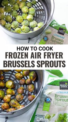 brussel sprouts cooking in an air fryer with text overlay