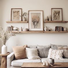 a living room filled with lots of furniture and pictures on the wall above it's shelves