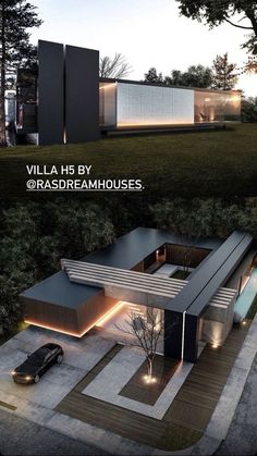 two different views of a modern house at night and in the day, there is a car parked outside