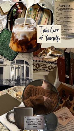 there is a collage with many different things in the photo, including coffee and books