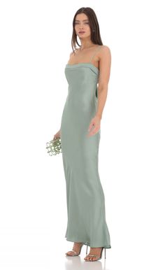 Satin Open Back Maxi Dress in Sage | LUCY IN THE SKY Sage Long Dress, Light Sage Green Bridesmaid Dresses, Safe Green Dress, Sage Green Wedding Guest Dress, Moh Dress, Sage Green Bridesmaid Dresses, Sage Bridesmaid Dress, Attire Guide, Strapless Satin Dress