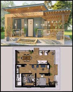 the plans for a small cabin are shown in two different pictures, one with an open floor