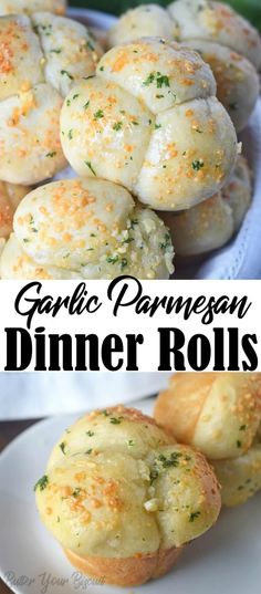 garlic parmesan dinner rolls on a white plate with text overlay that reads garlic parmesan dinner rolls