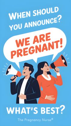 a pregnant woman holding a megaphone with the words, when should you announce? we are pregnant?