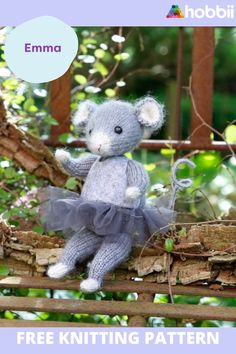 a knitted teddy bear sitting on top of a tree branch with the words free knitting pattern below it