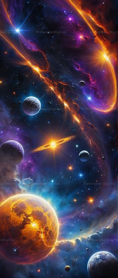 an artist's rendering of planets and stars in outer space, with bright colors