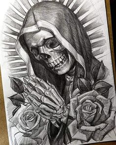 a drawing of a skeleton holding roses