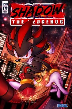 shadow the hedgehog is in front of a cityscape with buildings and fireworks