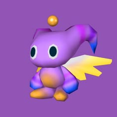 a purple and yellow toy flying through the air