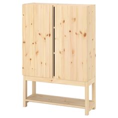 a wooden cabinet with two doors and shelves