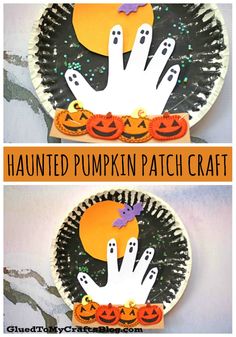 this paper plate is decorated to look like a handprinted pumpkin patch craft for halloween