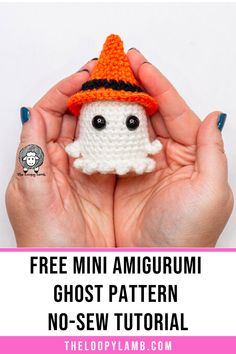 a hand holding a small amigurmi ghost with text overlay