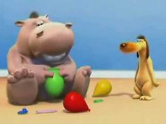 a cartoon hippo is playing with an egg next to a toy dinosaur on the floor