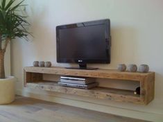 a flat screen tv sitting on top of a wooden shelf next to a potted plant