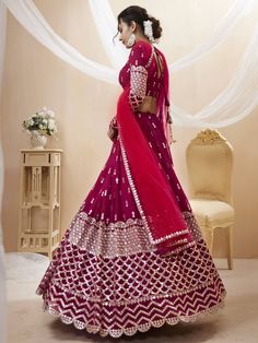 Fabric : Georgette Work : Embroidery Lehenga Purple, Umbrella Lehenga, Pink Bridal Lehenga, Lehenga Choli Designs, Bridesmaid Lehenga, Reception Lehenga, Rani Pink, Lehenga Online, Lehenga Style