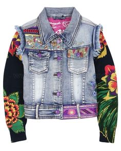 Sand washed jean jacket with embroidery, knit sleeves in bold floral print; #PatchworkDenim #PatchworkClothing #MixedTextileClothing #RefashionIdea #DenimJacket #KidsFashion #Up-cycledDenim Multicolor Denim Jacket For Spring, Spring Multicolor Denim Jacket, Casual Blue Denim Jacket With Floral Print, Blue Floral Print Denim Jacket For Fall, Fall Blue Denim Jacket With Floral Print, Casual Floral Print Denim Jacket For Fall, Casual Outerwear With Multicolor Floral Embroidery, Casual Floral Print Outerwear With Multicolor Embroidery, Casual Embroidered Floral Outerwear